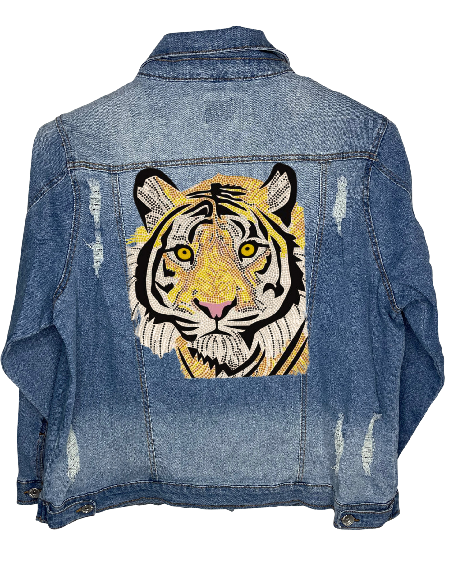 Jacket, Blue Denim Extended Size, Stretchy Distressed, Tiger Face