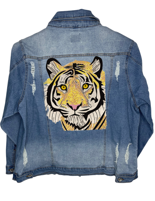 Jacket, Blue Denim Extended Size, Stretchy Distressed, Tiger Face