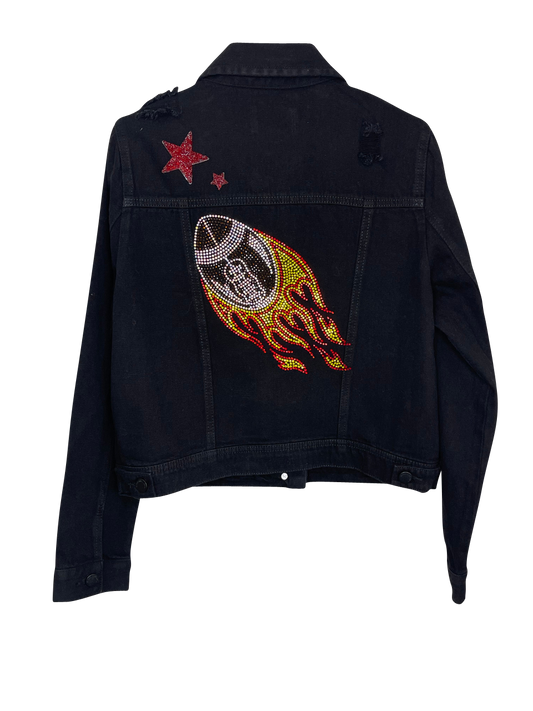 Game Day Jacket, Black Denim, Fire Football w/ Red Stars