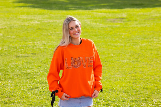 Game Day Sweatshirt, Crewneck Orange, Tiger Love w/ Black Ties