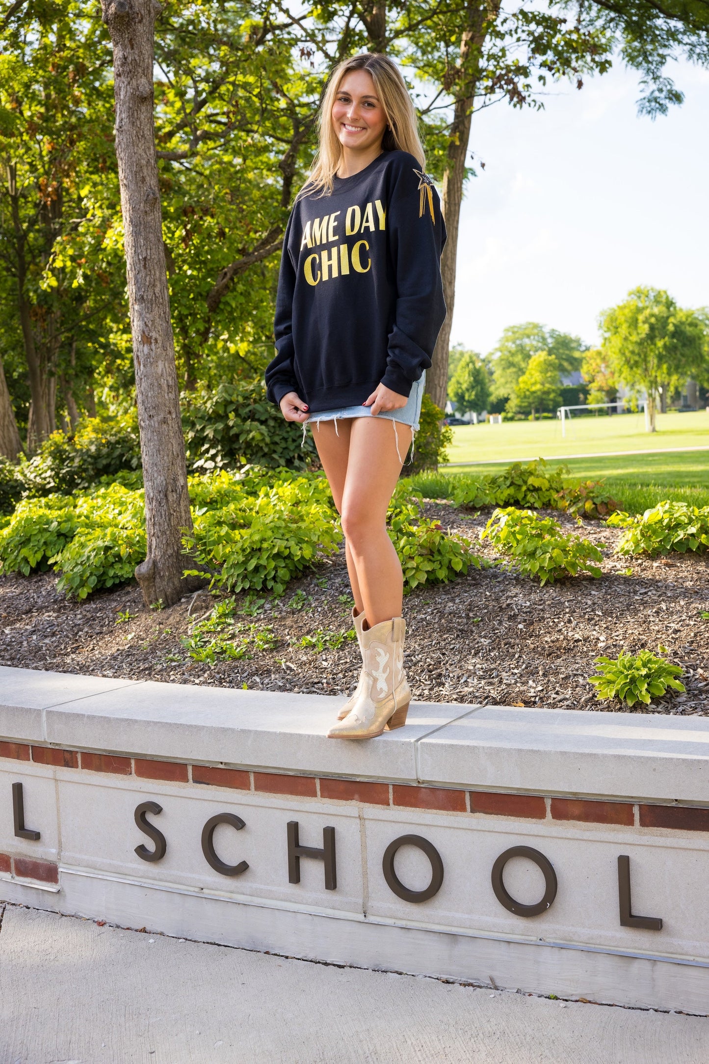 Game Day Sweatshirt, Crewneck Black, Game Day Chic w/ Fringe Stars