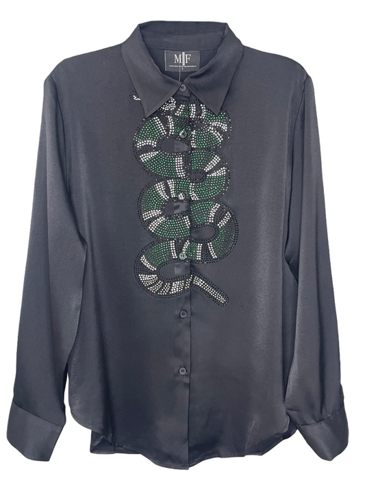 Shirt, Silky Black, Green Crystal Snake on front