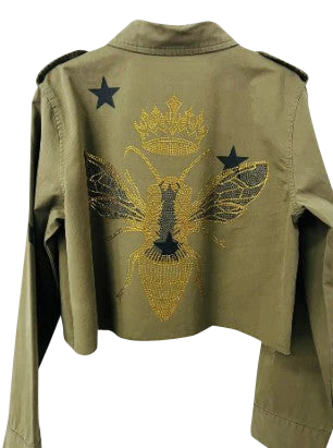 Shacket, Army Green Cropped, Gold Queen Bee