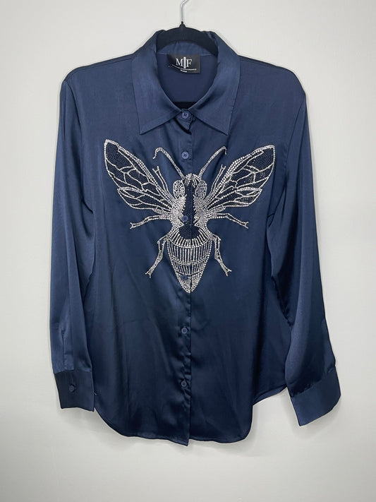 Shirt, Silky Midnight Blue, Silver Queen Bee on front