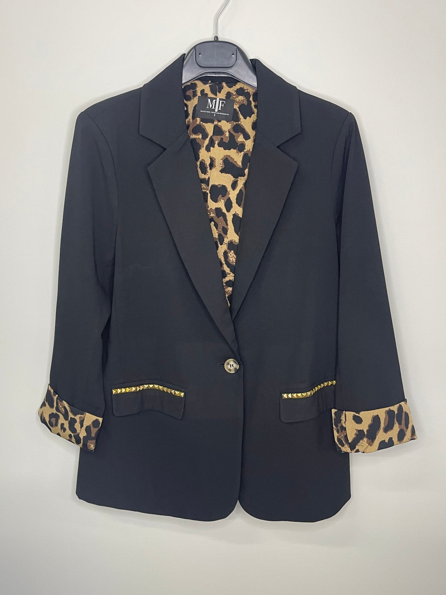 Blazer, Leopard Lined Black, Gold Pocket Studs