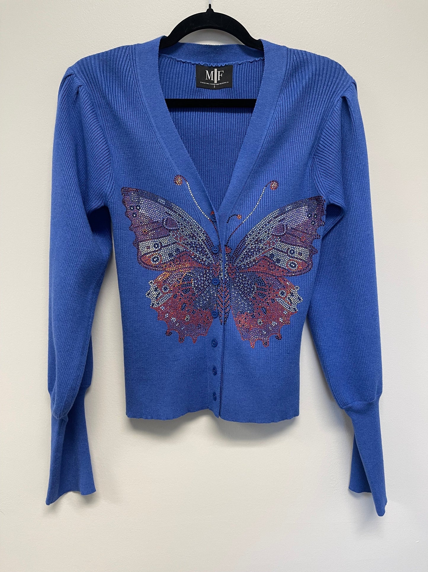 Sweater, Cardigan Puff Shoulder Blue, Butterfly