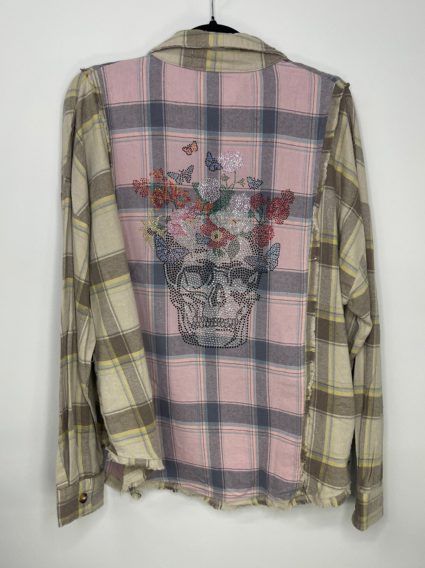 Shirt, Flannel Pink Plaid, Skull Flowers