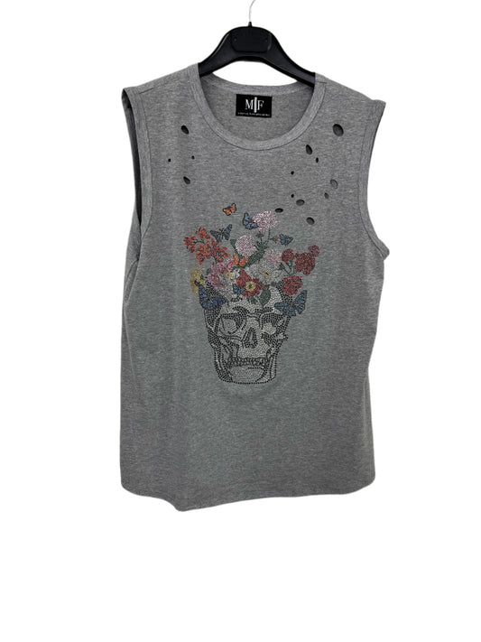 Tank, Muscle Distressed Gray, Skull Flowers