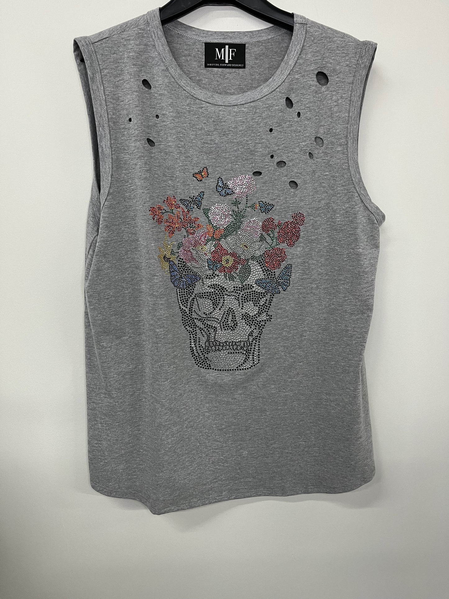 Tank, Muscle Distressed Gray, Skull Flowers