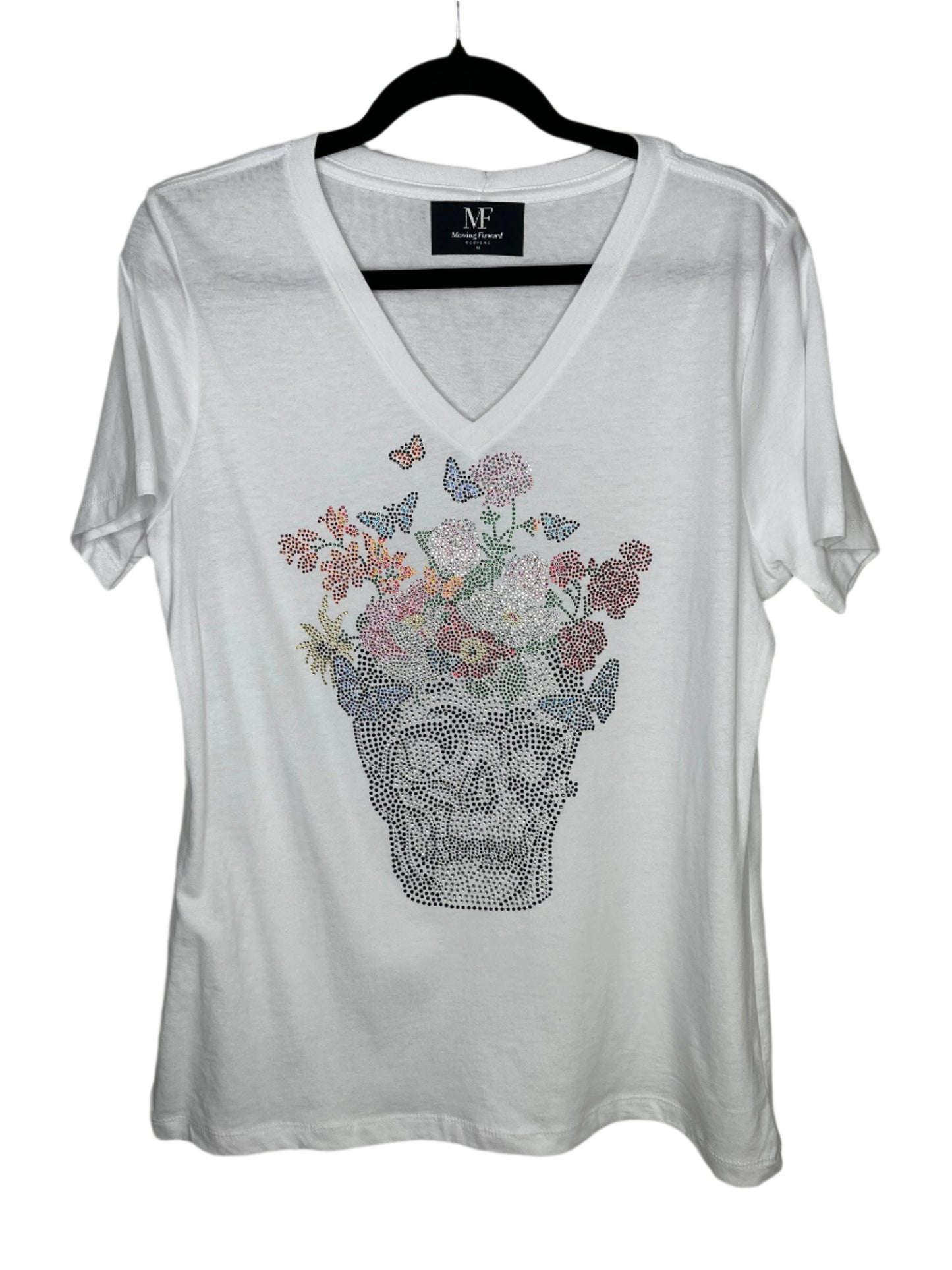 T-Shirt, Short Sleeve V-Neck White, Skull Flowers