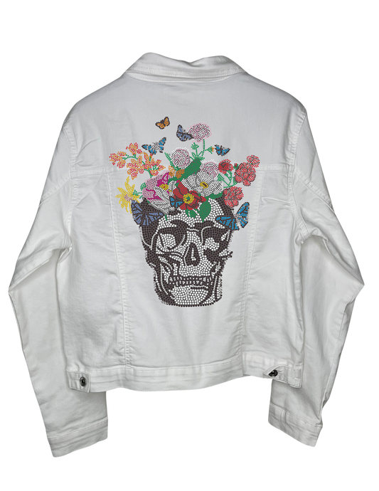 Jacket, White Denim Extended Size, Skull Flowers