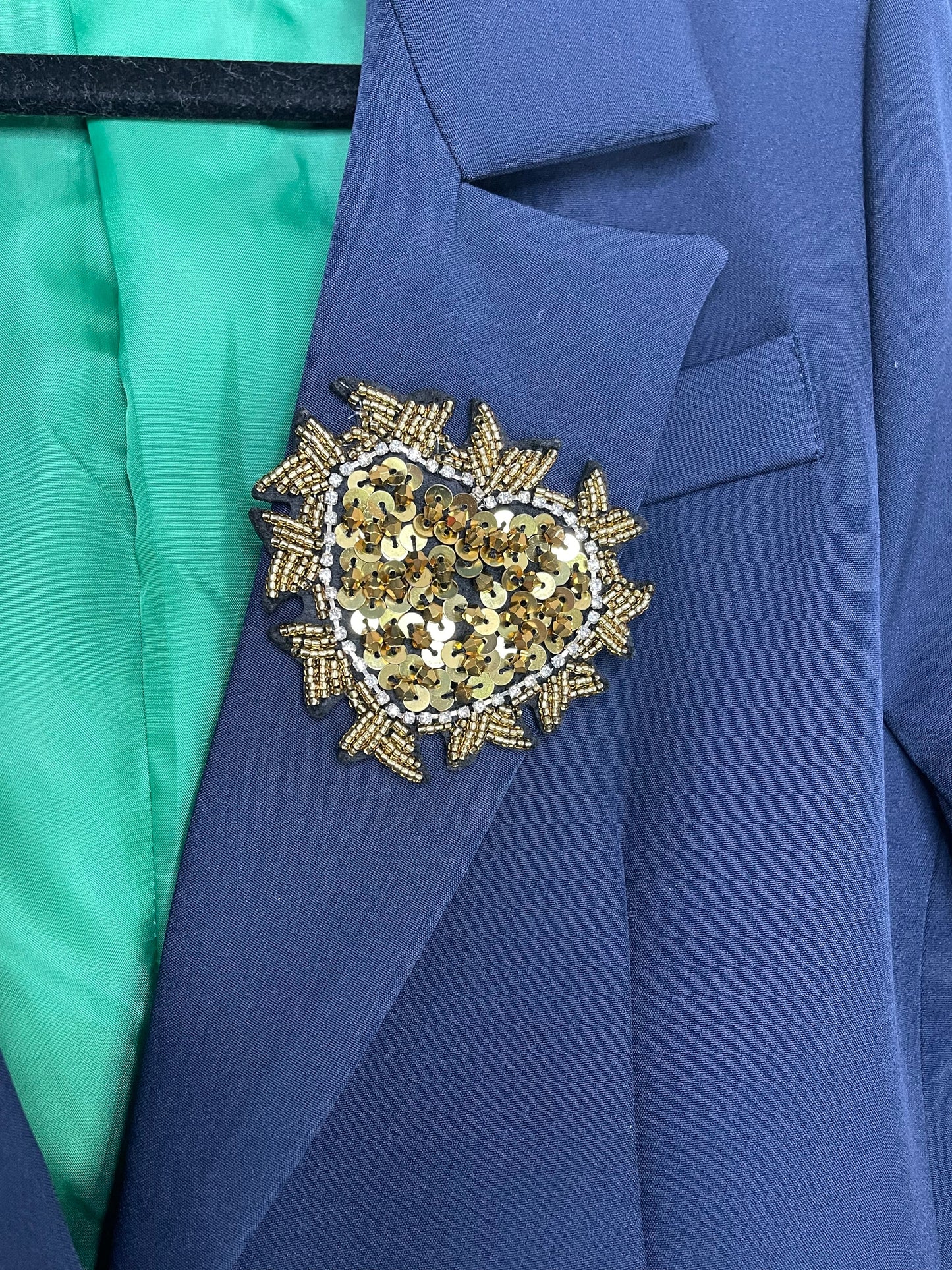 Blazer, Navy w/ Green Lining, Gold Heart Brooch