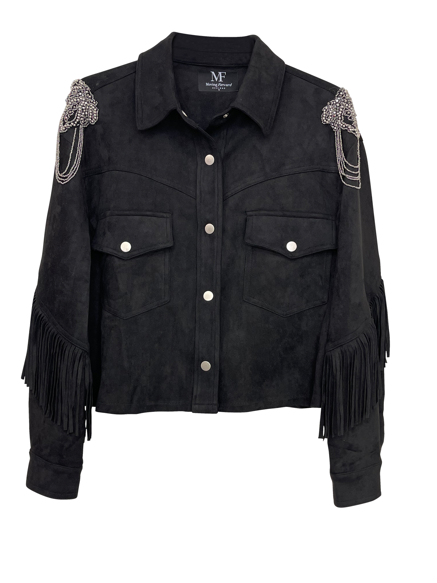 Jacket, Suede Fringe Black, Shoulder Medallions