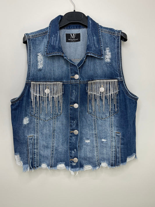 Vest, Denim, Front Pocket/Back Star Fringe