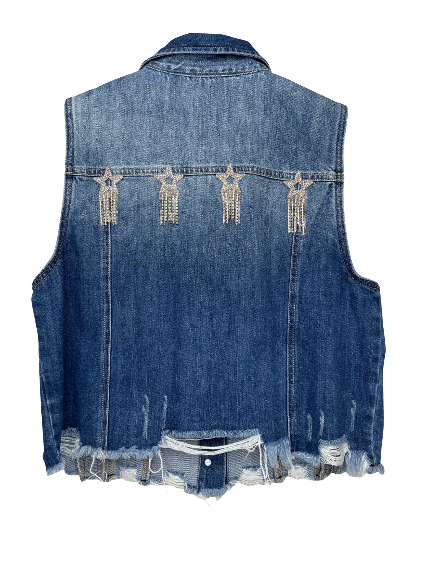 Vest, Denim, Front Pocket/Back Star Fringe