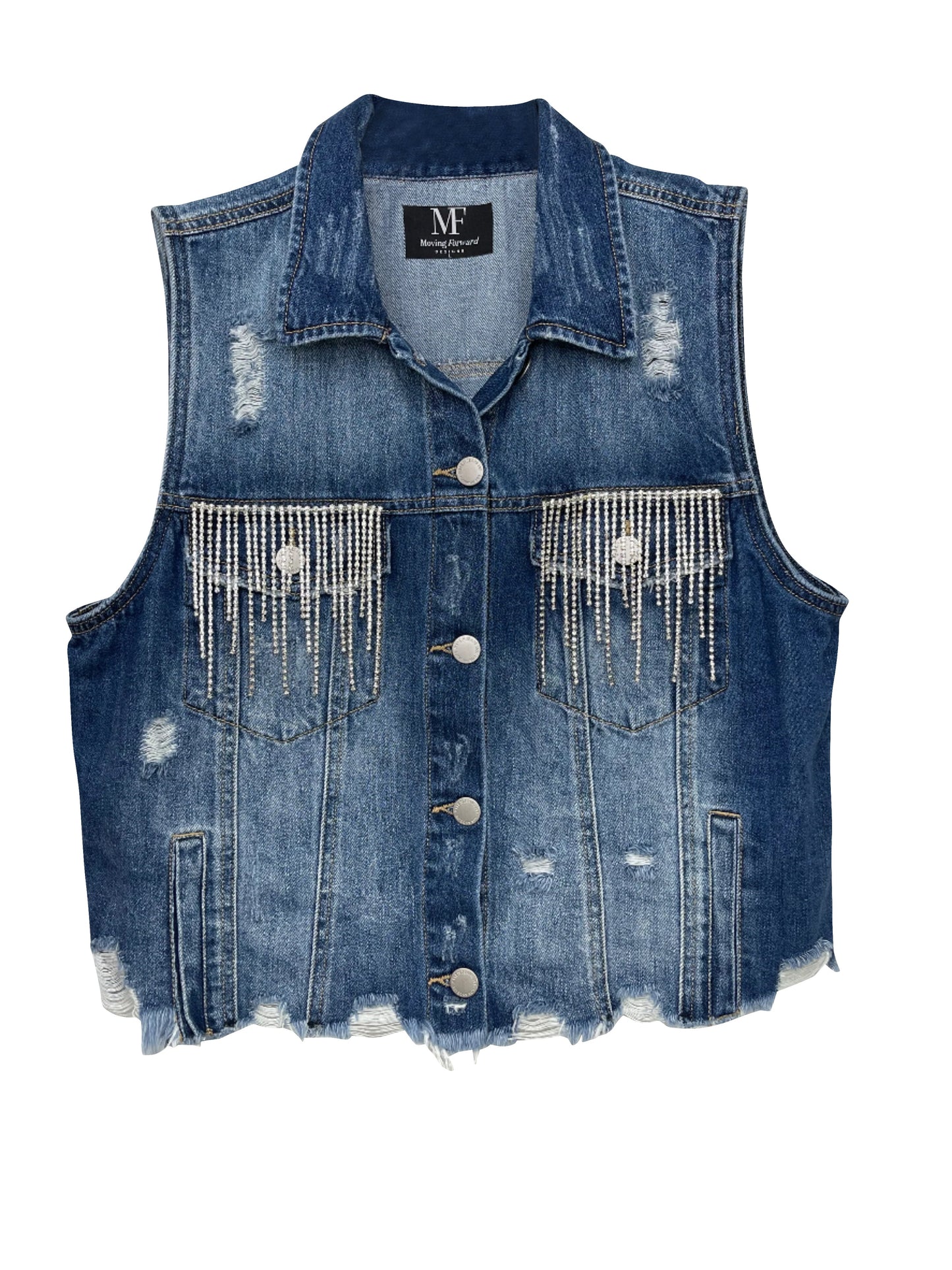 Vest, Denim, Front Pocket/Back Star Fringe