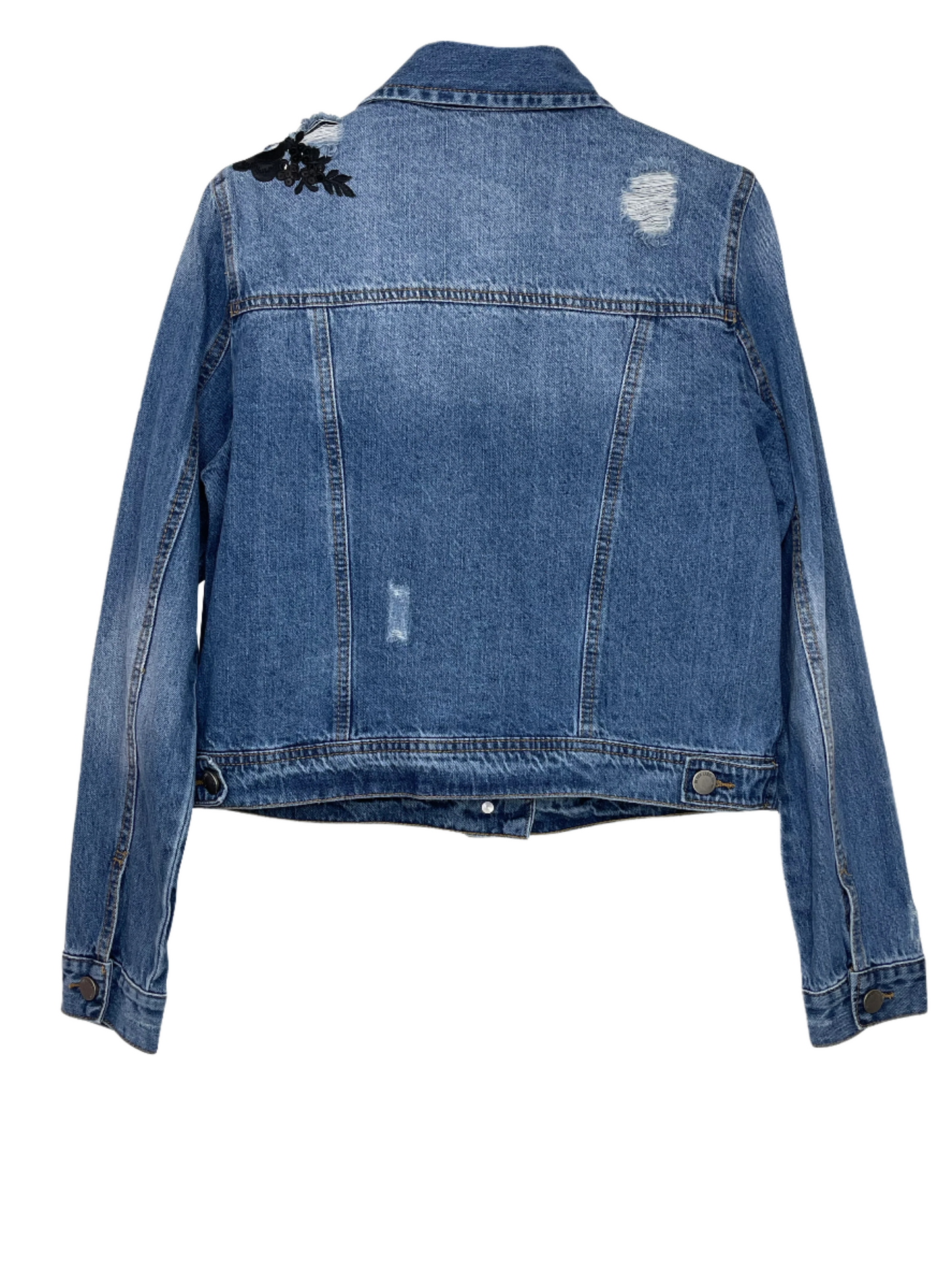 Jacket, Blue Denim, Black Floral Design