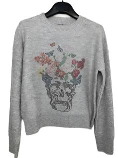 Sweater, Crewneck Gray, Flower Skull