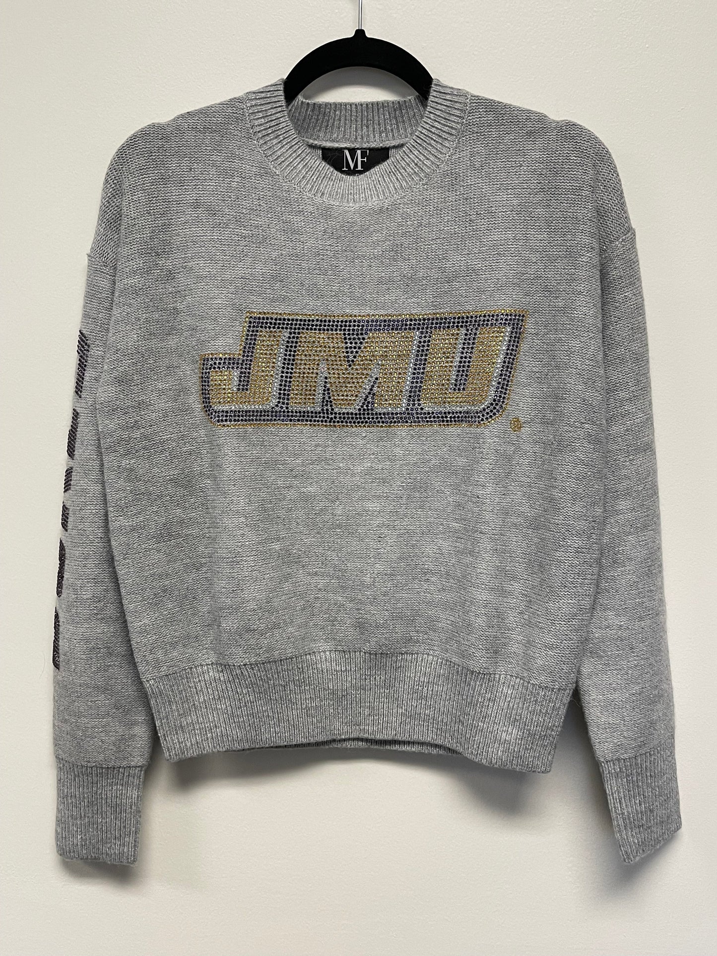 Licensed Game Day Sweater, Crewneck Gray, Crystal JMU and Dukes