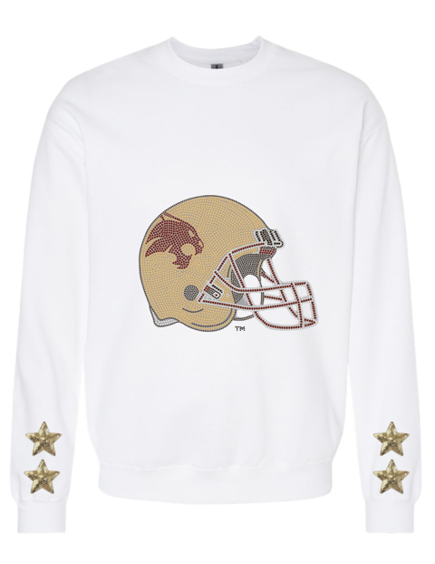 Licensed Game Day Sweatshirt, Crewneck White, Texas State Helmet & Stars