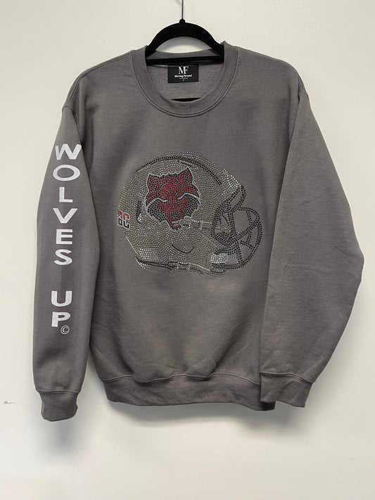 Licensed Game Day Sweatshirt, Crewneck Gray, Arkansas State Wolves Up Helmet