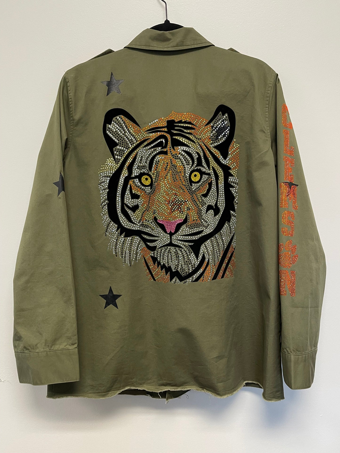 Licensed Game Day Shacket, Army Green, Tiger Face w/ Clemson