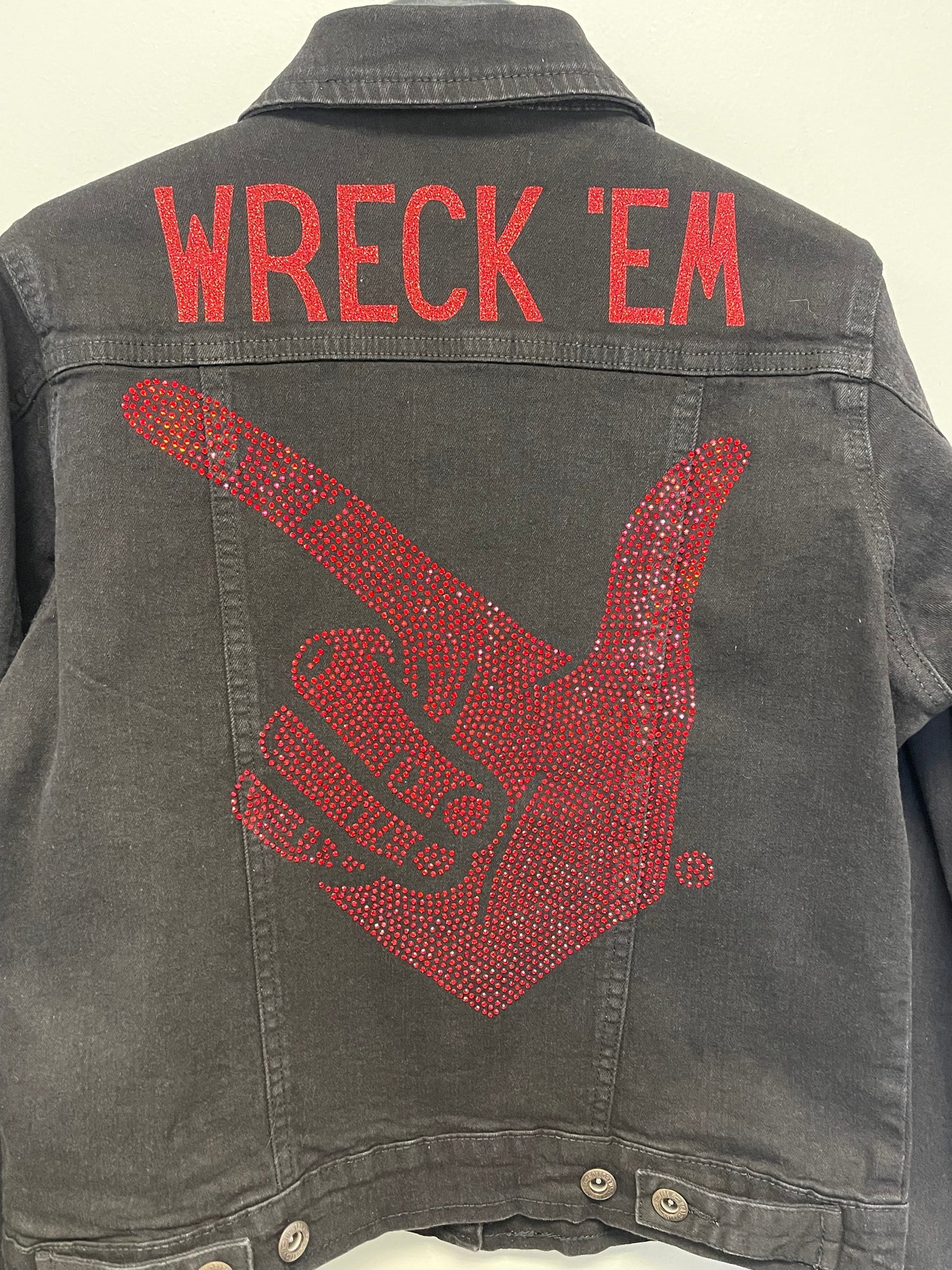 Licensed Game Day Jacket, Black Denim, Texas Tech Wreck 'Em Guns Up