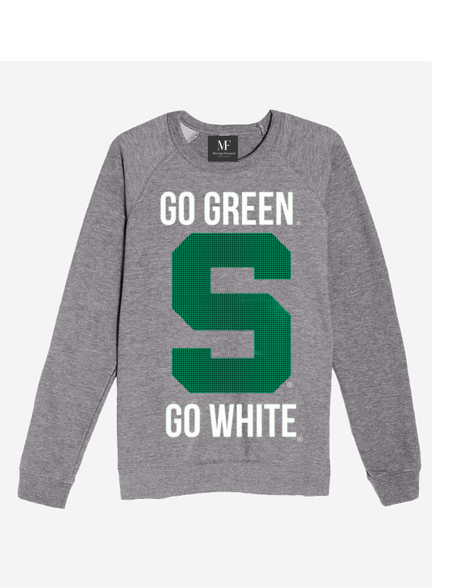 Licensed Game Day Sweatshirt, Crewneck Grey, Michigan State Block S Go Green Go White