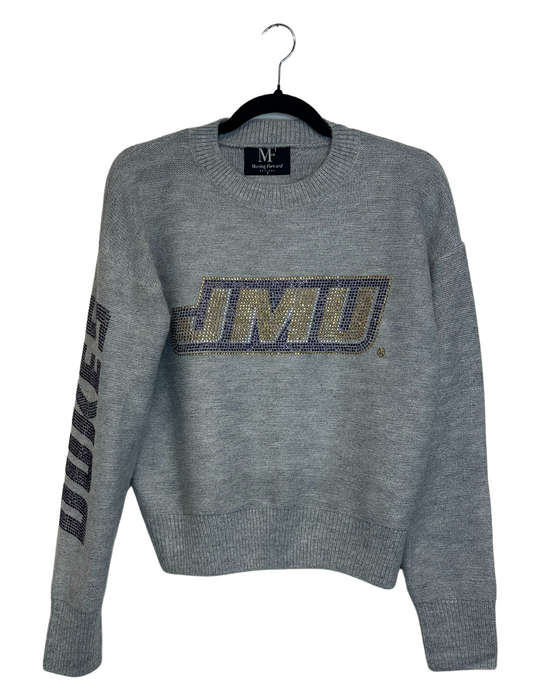 Licensed Game Day Sweater, Crewneck Gray, Crystal JMU and Dukes