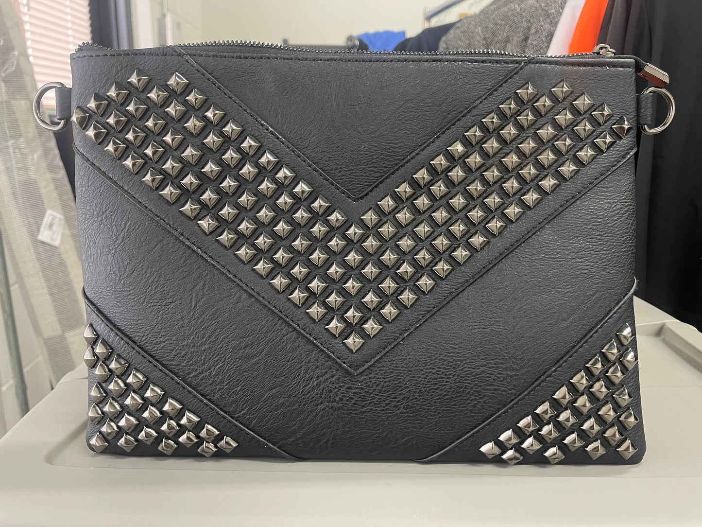 Handbag, Studded Clutch, Black, Large