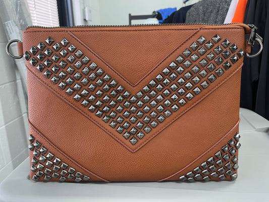 Handbag, Studded Clutch, Brown, Large