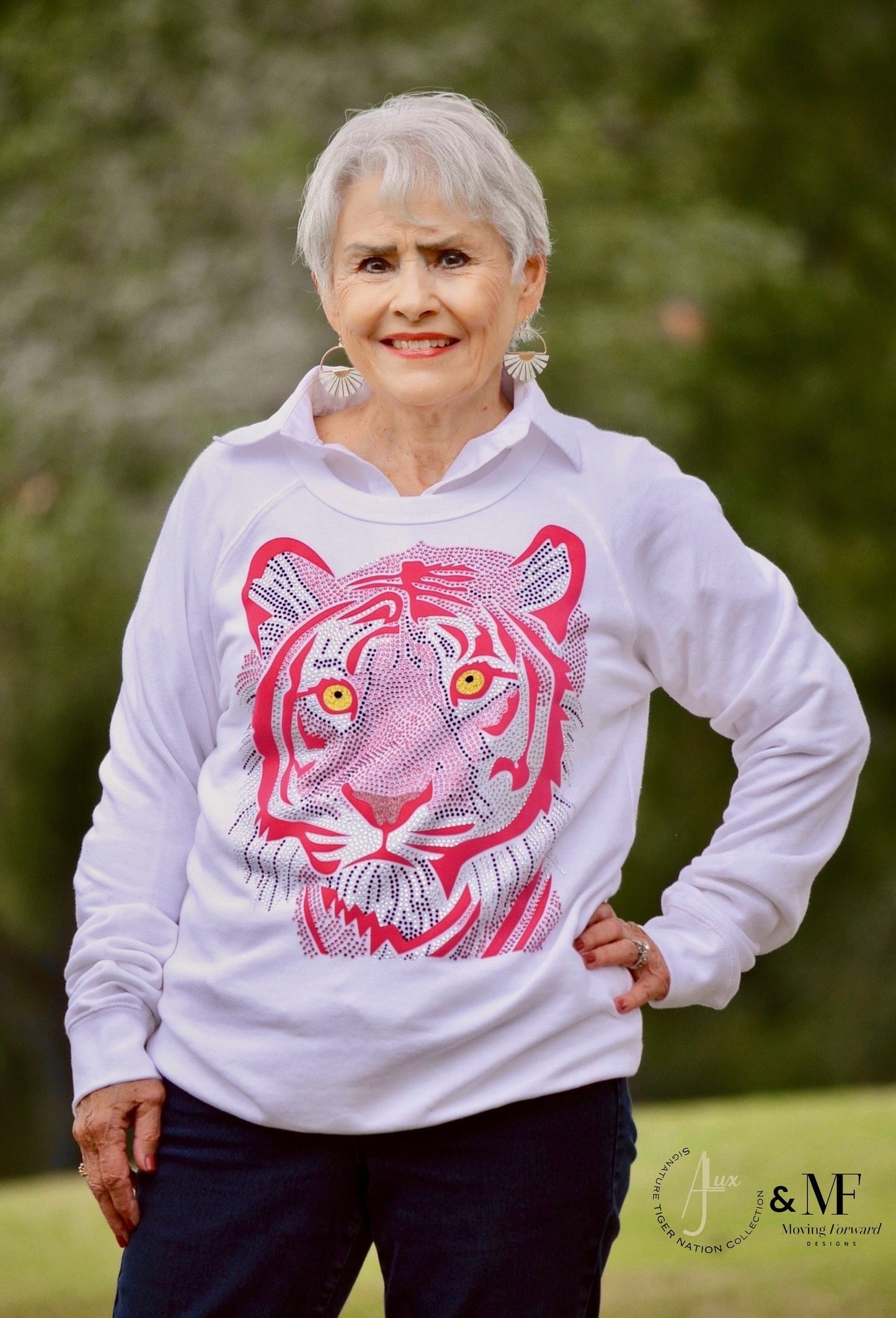 ROAR for a CURE - Pink and Gold Crystal Tiger Face White Sweatshirt