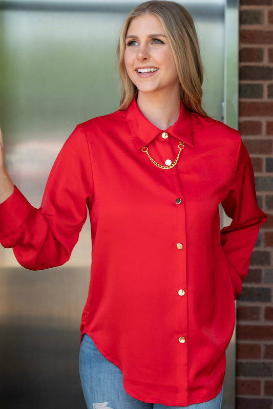 Shirt, Silky Red, Gold Chain/Buttons