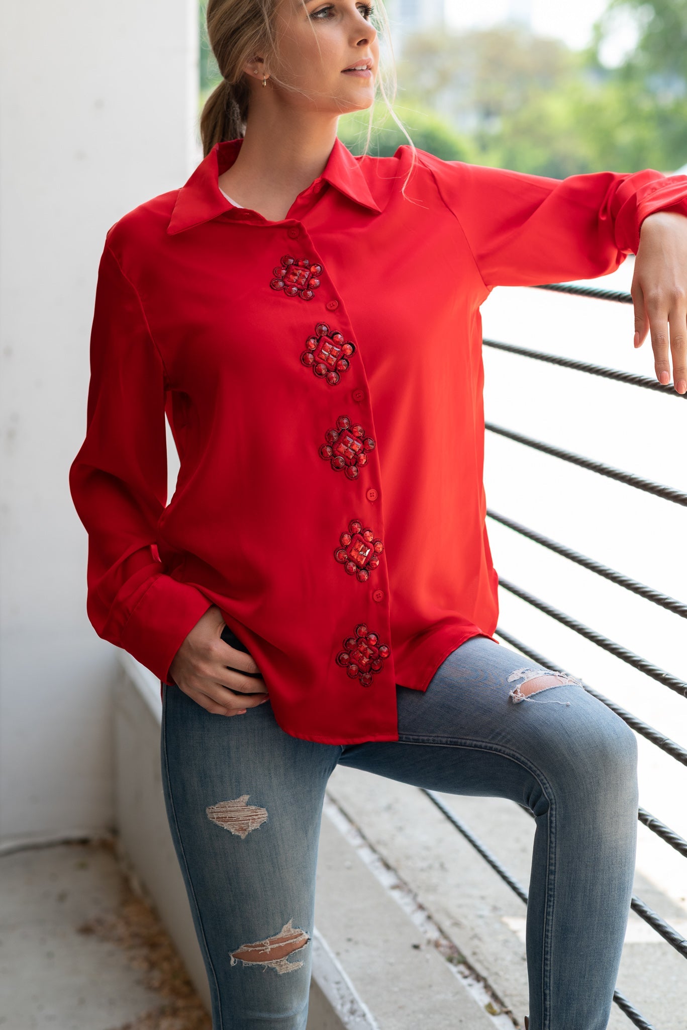 Shirt, Silky Red, Jewel Medallions