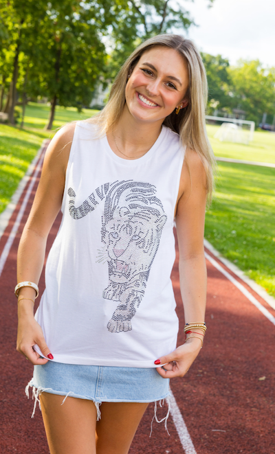 Game Day Tank, Muscle Racerback White, Silver Walking Tiger