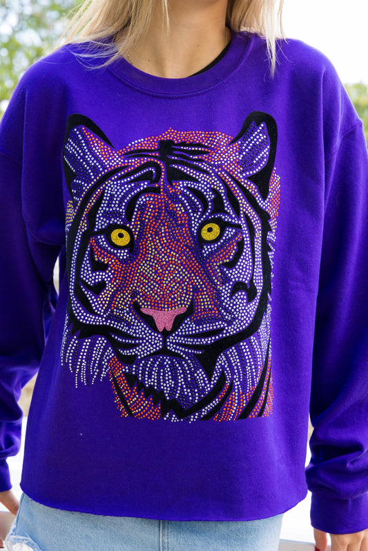 Sweatshirt, Crewneck Purple, Tiger Face