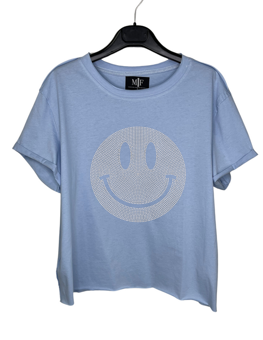 T-Shirt, Short Sleeve, Raw Edge, Sky Blue Silver Crystal Smiley