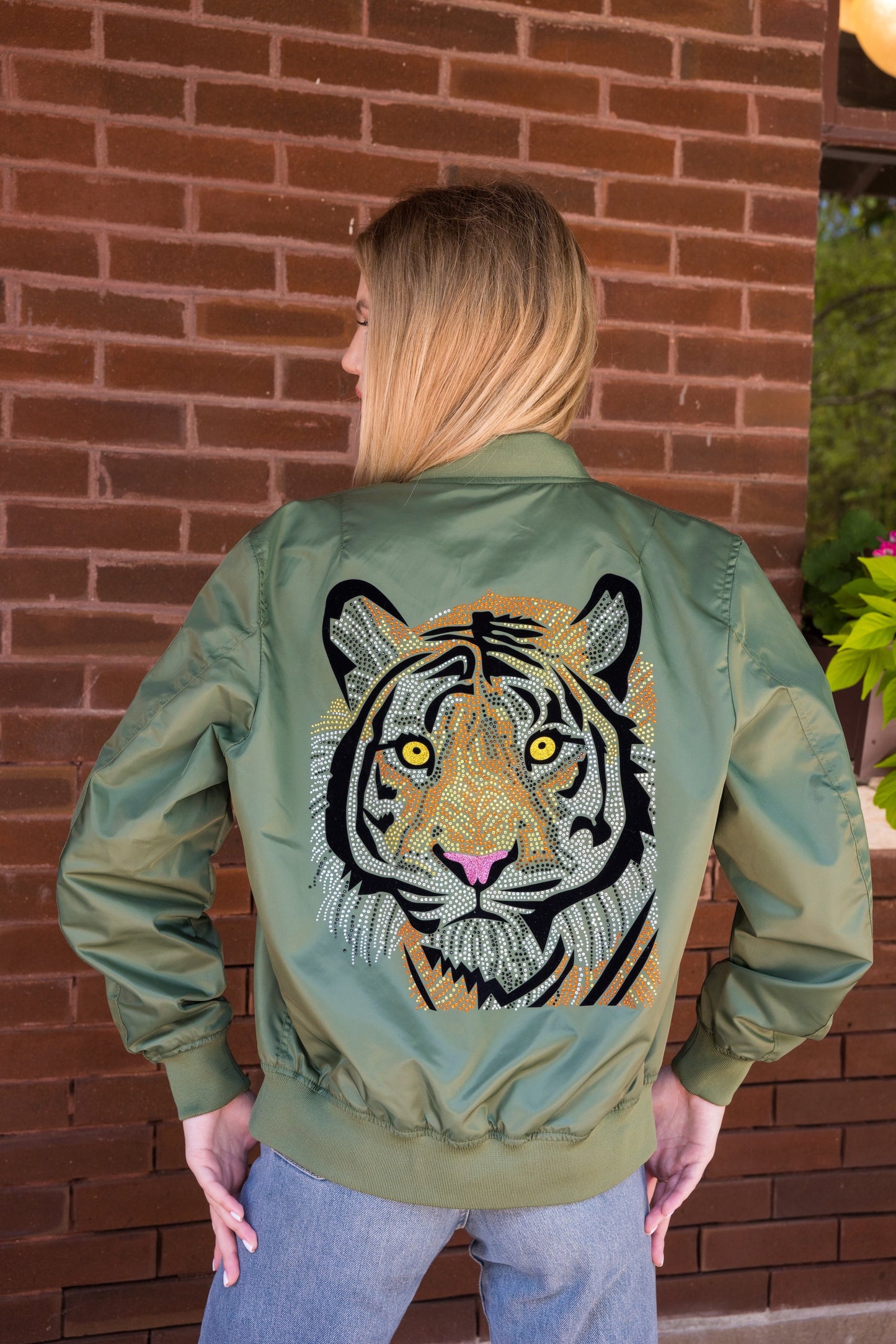 Jacket, Bomber Green, Tiger Face w/ Orange Studs