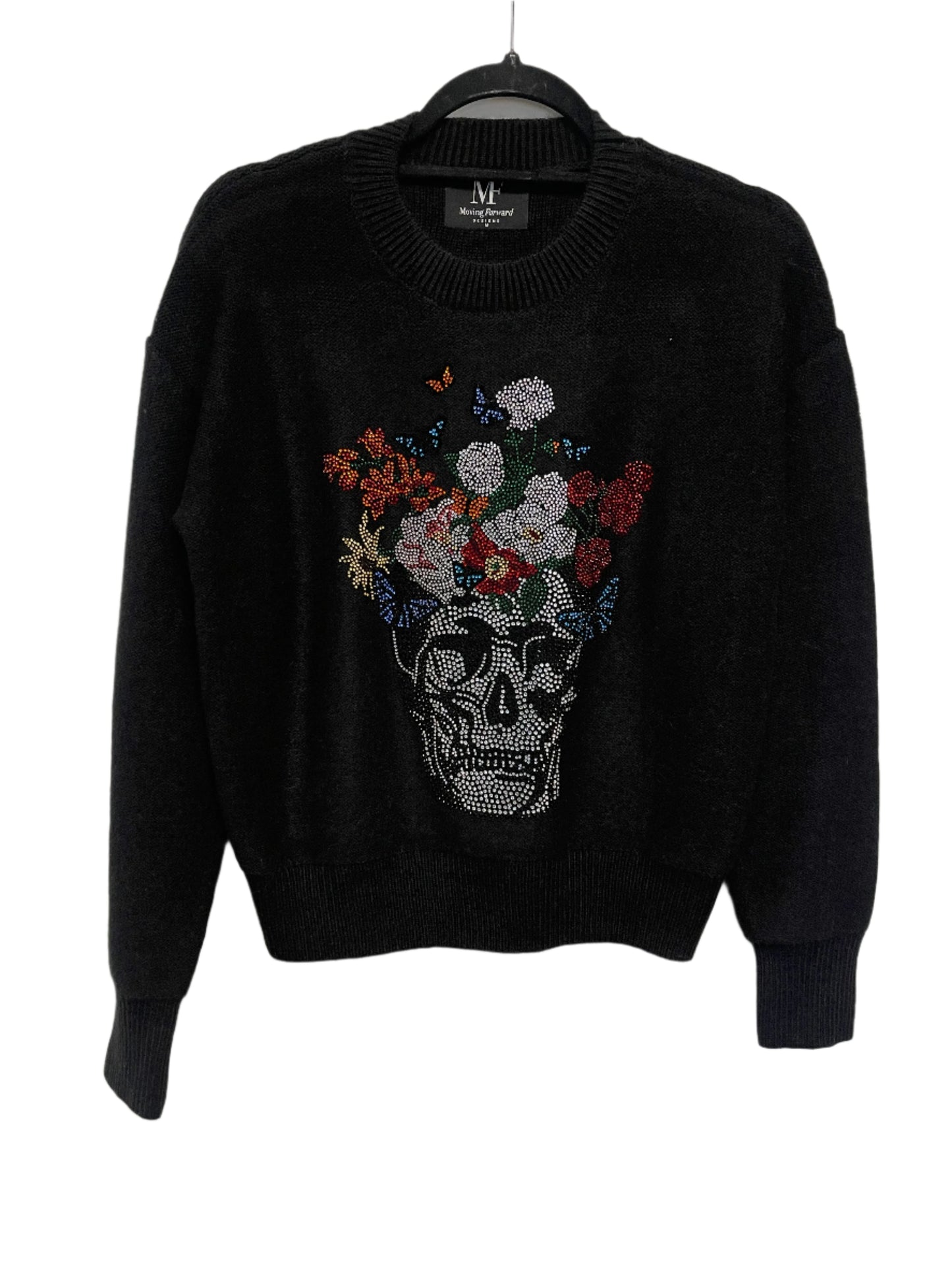 Sweater, Crewneck Black, Skull Flowers