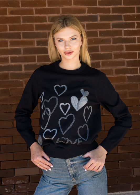 Sweater, Embroidered Hearts, Black & Gray