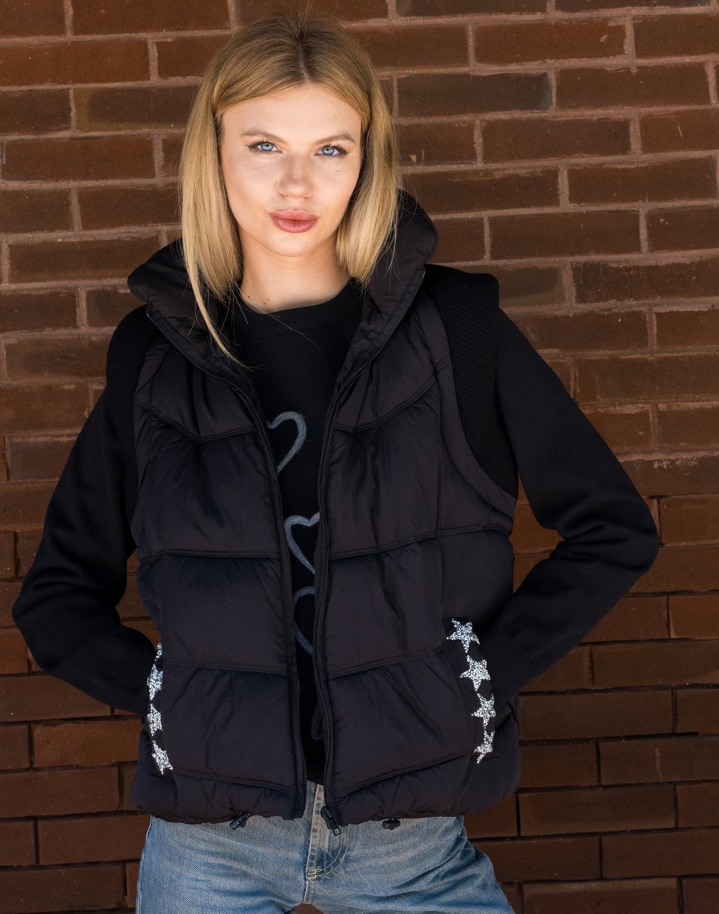 Vest, Puffer Black, Silver Stars