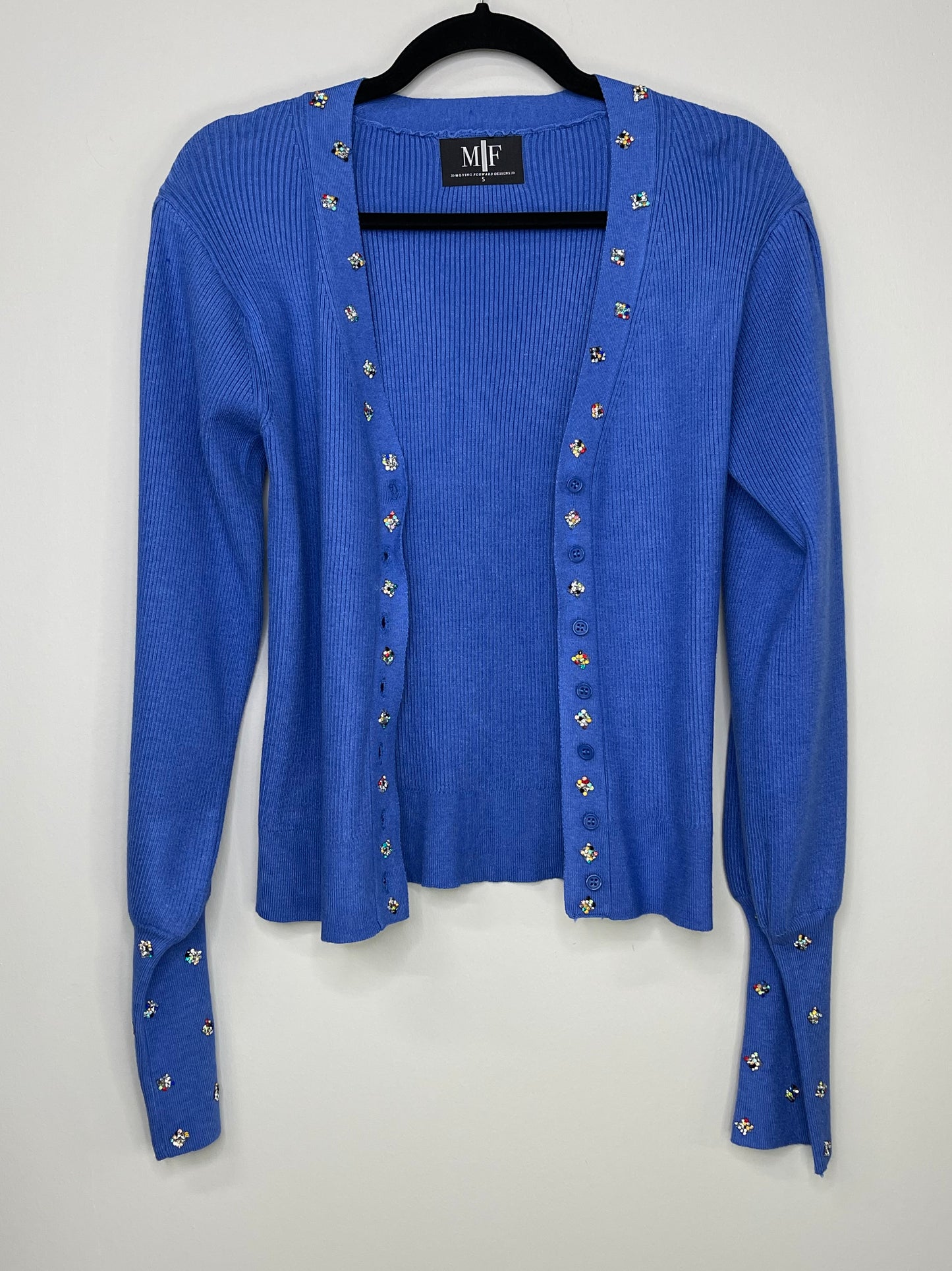 Sweater, Cardigan Puff Blue, Rhinestone Clusters