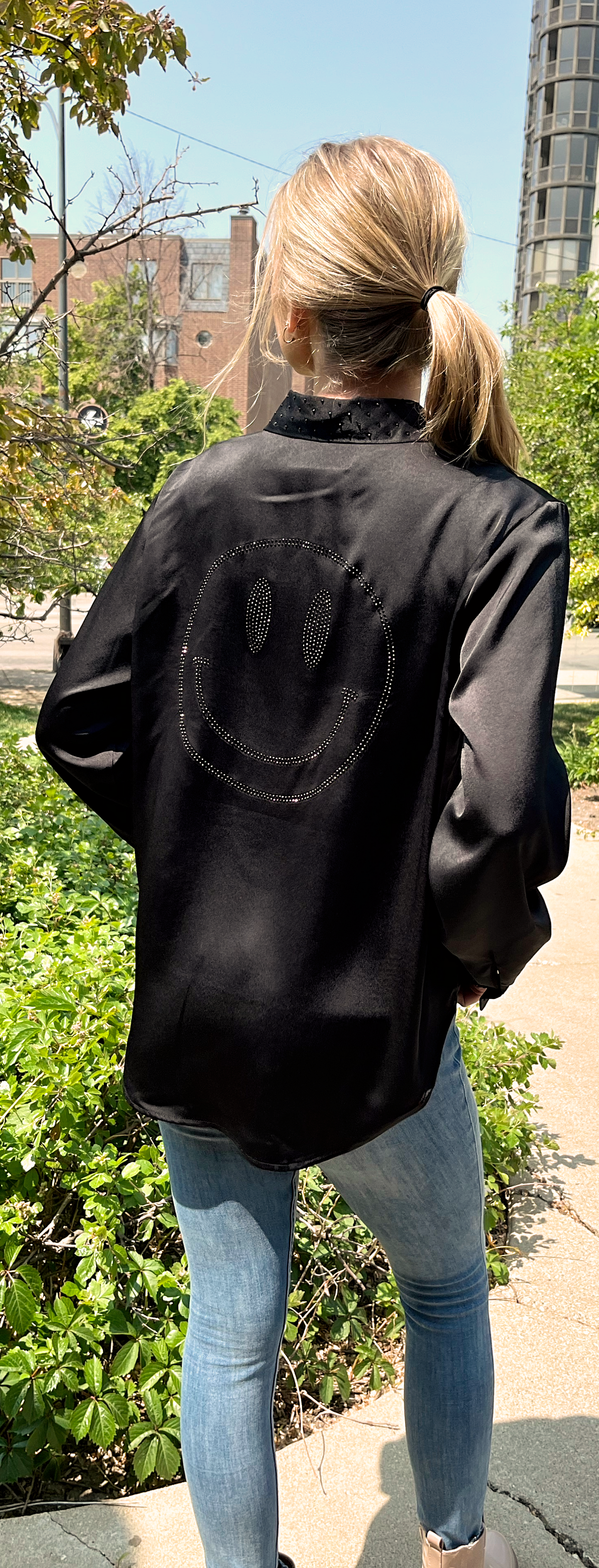 Shirt, Silky Black, Crystal Smiley & Waterfall Collar/Cuffs