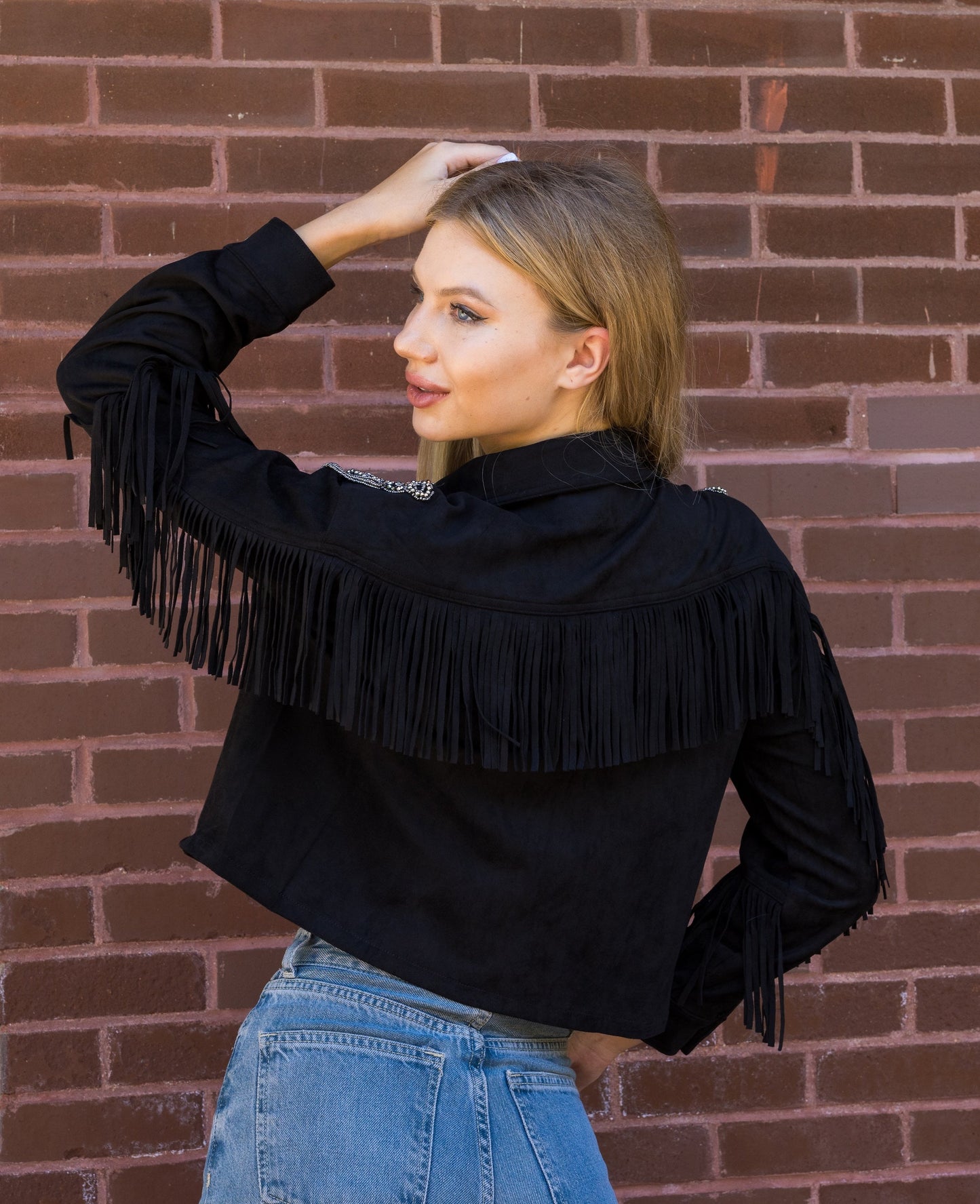 Jacket, Suede Fringe Black, Shoulder Medallions