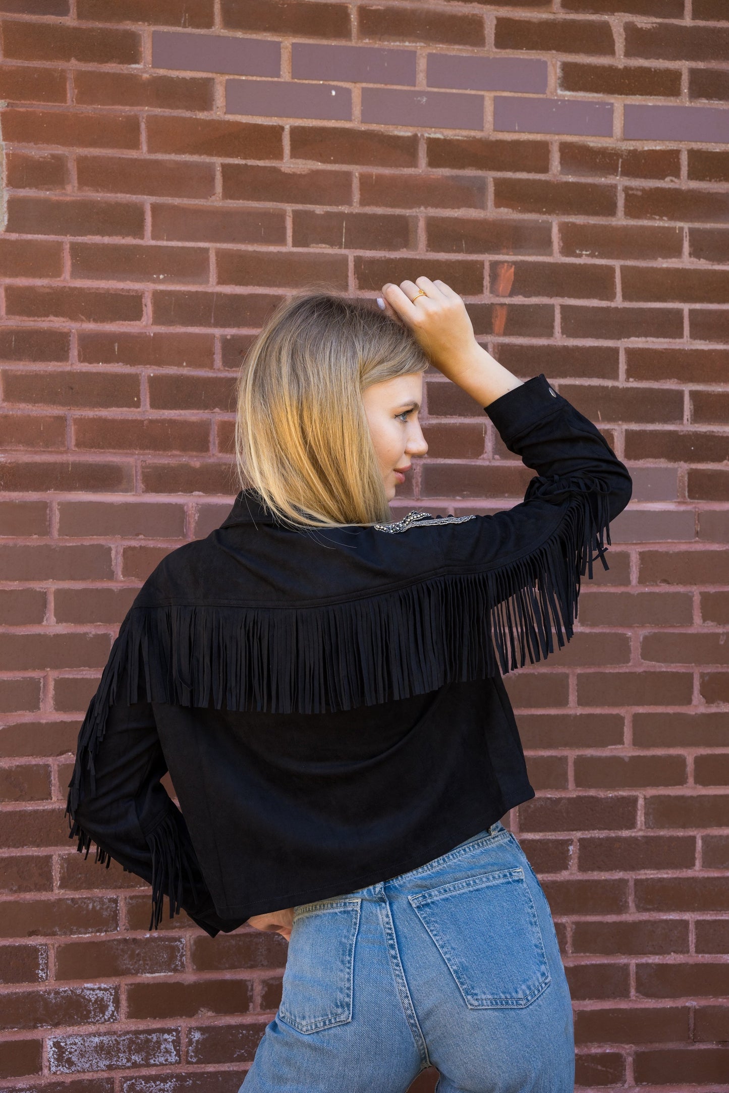 Jacket, Suede Fringe Black, Shoulder Medallions