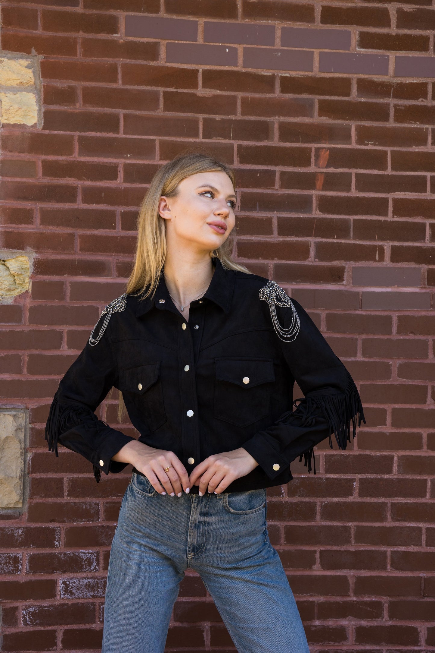 Jacket, Suede Fringe Black, Shoulder Medallions