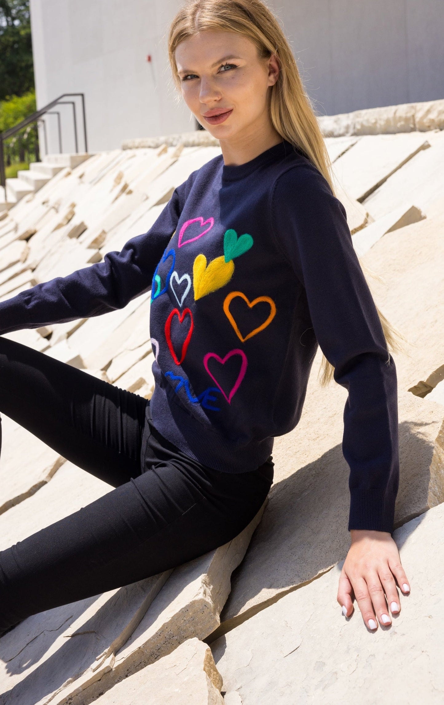 Sweater, Embroidered Hearts, Navy & Multi