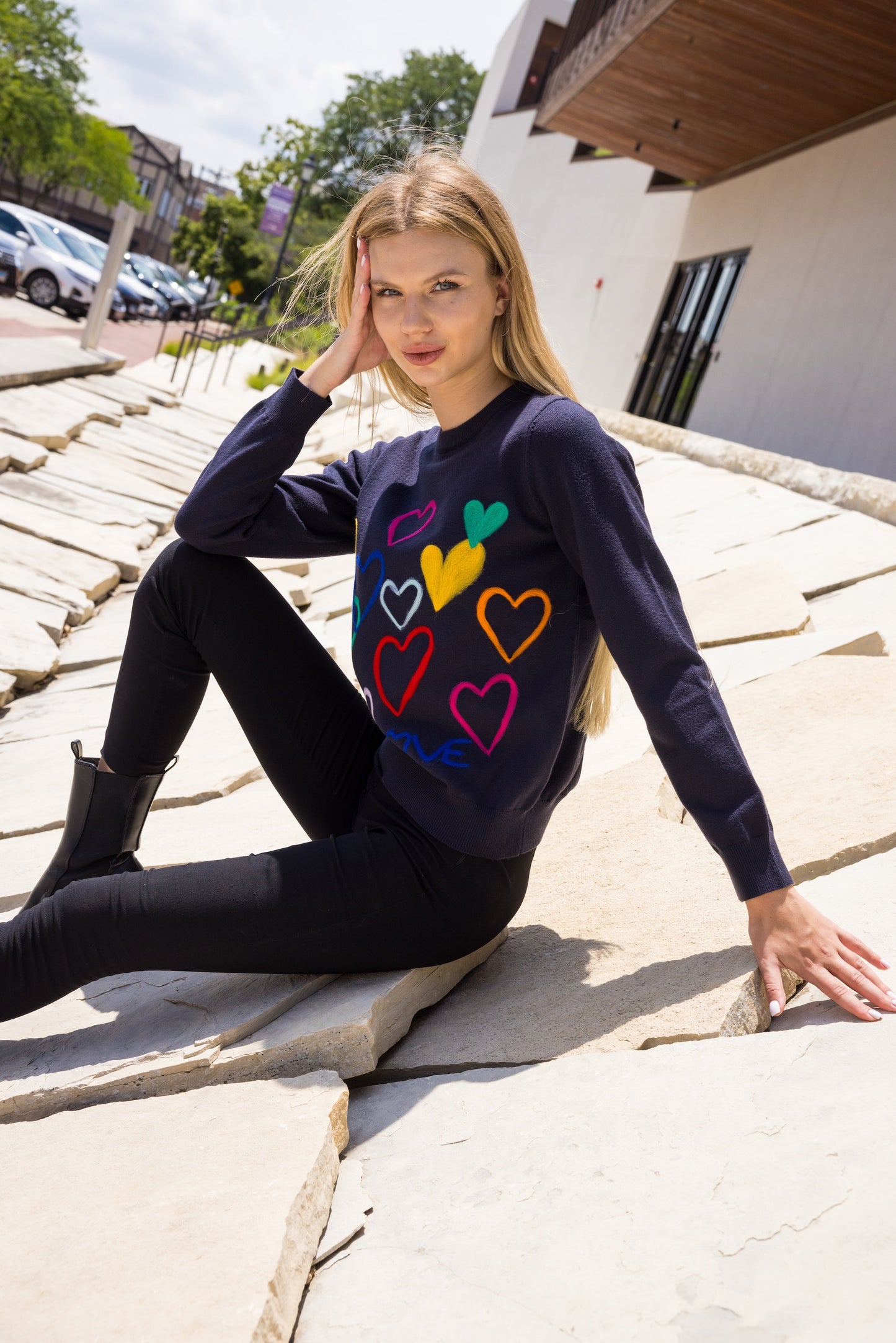 Sweater, Embroidered Hearts, Navy & Multi