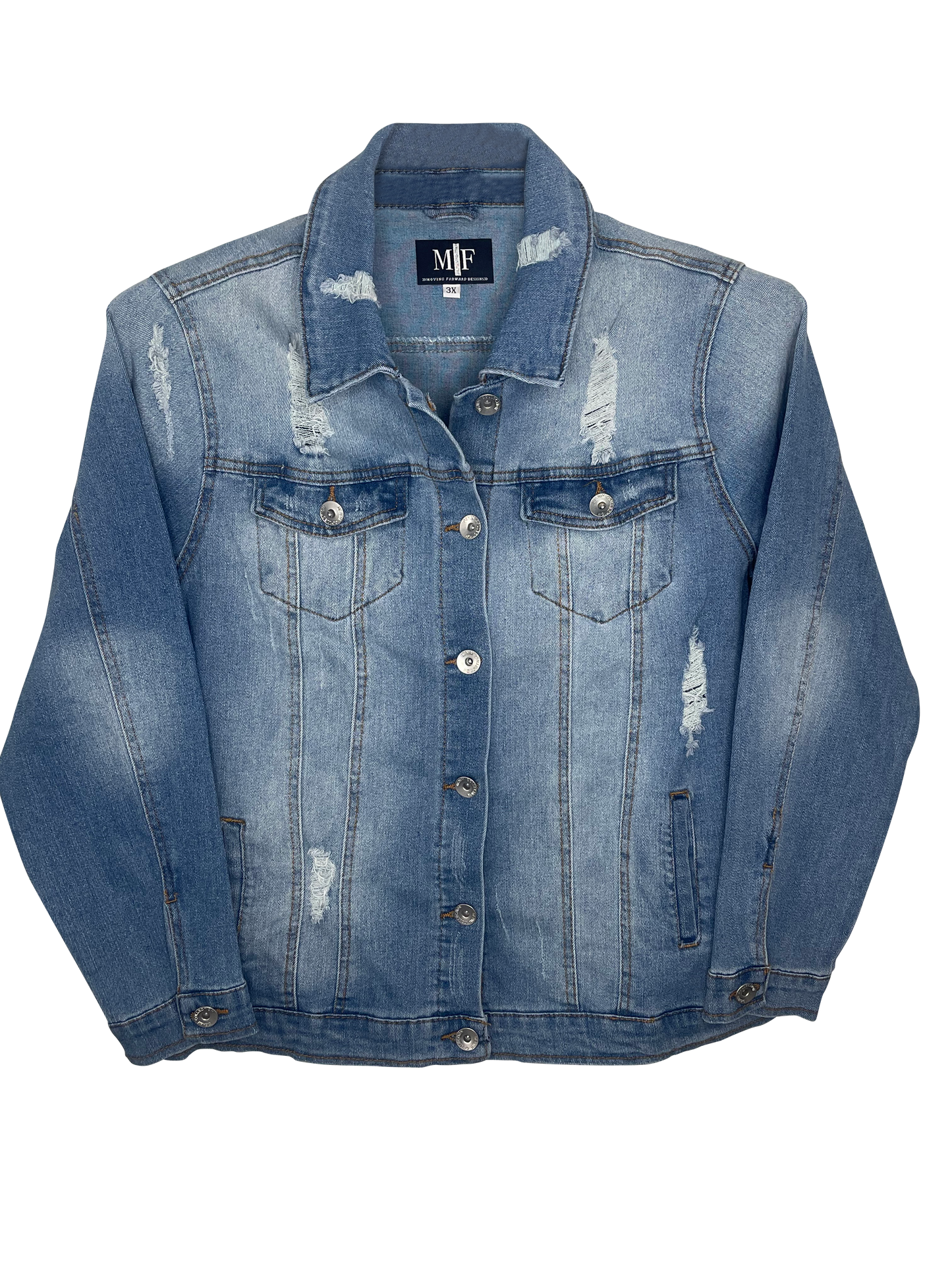 Jacket, Blue Denim Extended Size, Stretchy Distressed, Tiger Face